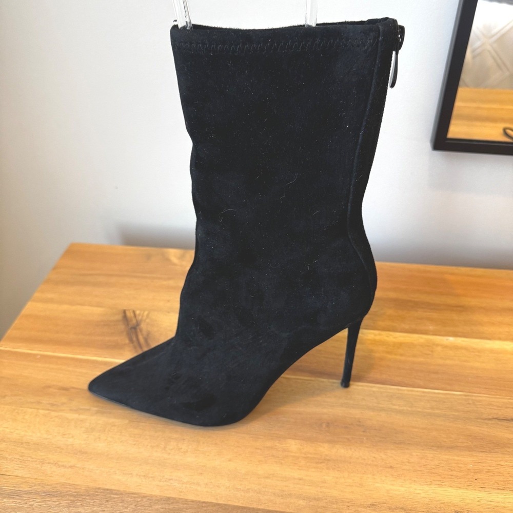 Steve Madden Lanae Women 7.5 Black Suede Pointed Toe Stiletto Heel Mid-Calf Boot